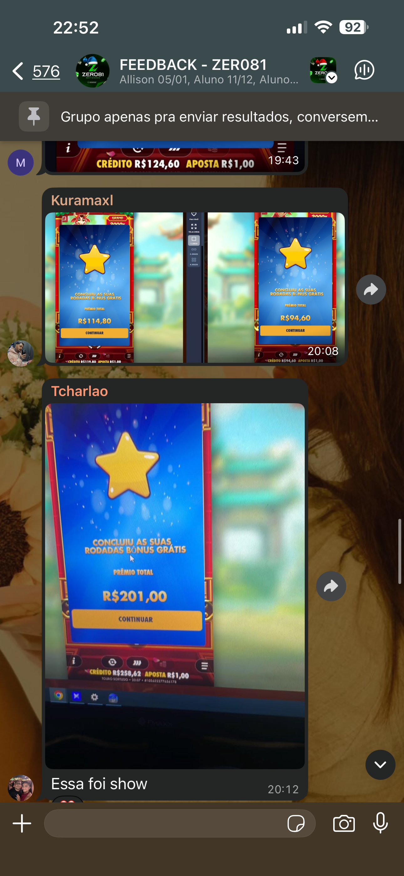 Resultado em dinheiro